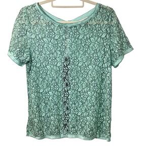 LOFT Mint Green Lace Top‎ Short Sleeve Blouse Women Size M Sheer Elegant